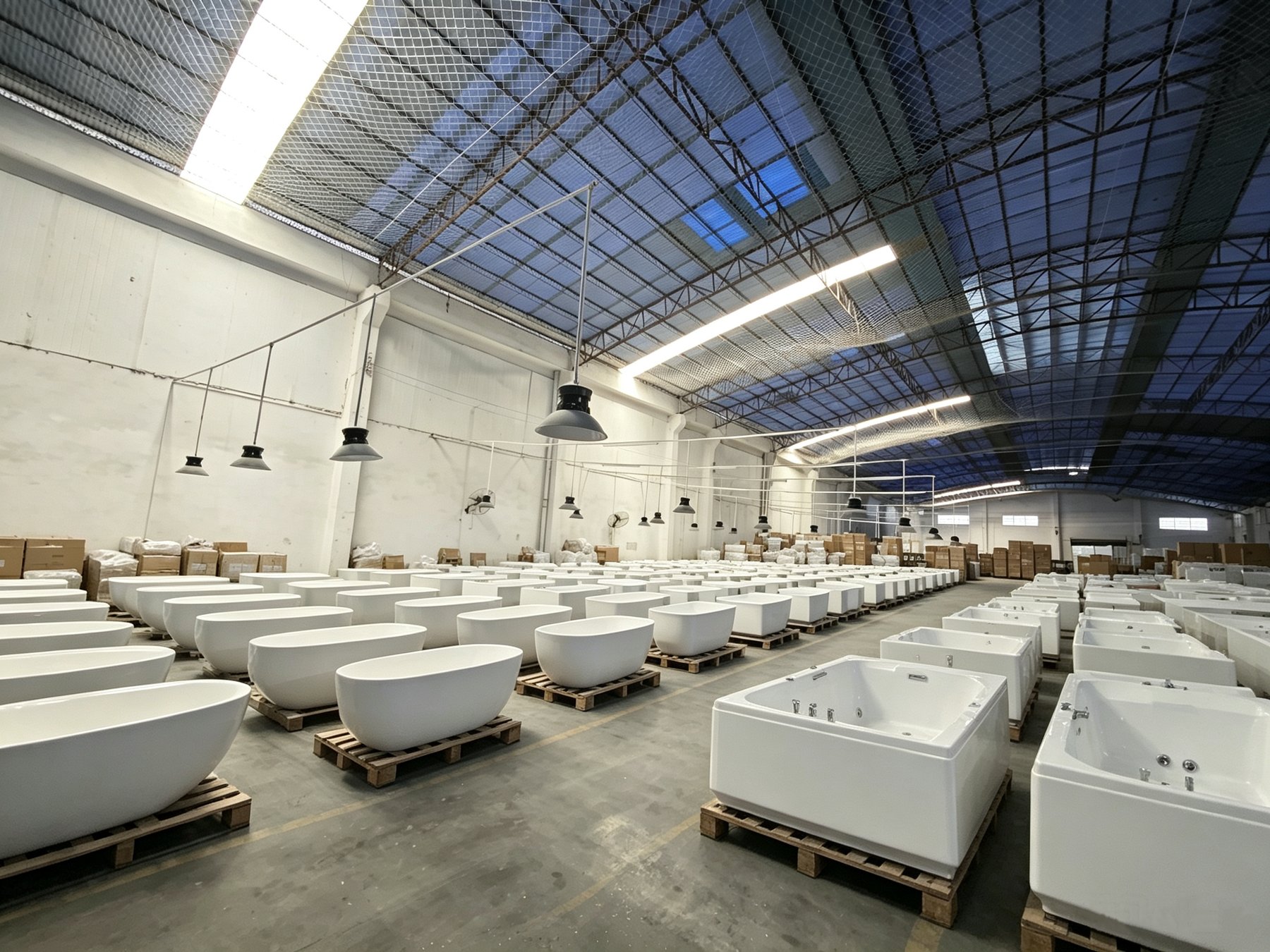 Finished white bathtubs arranged inside the GRAESE factory