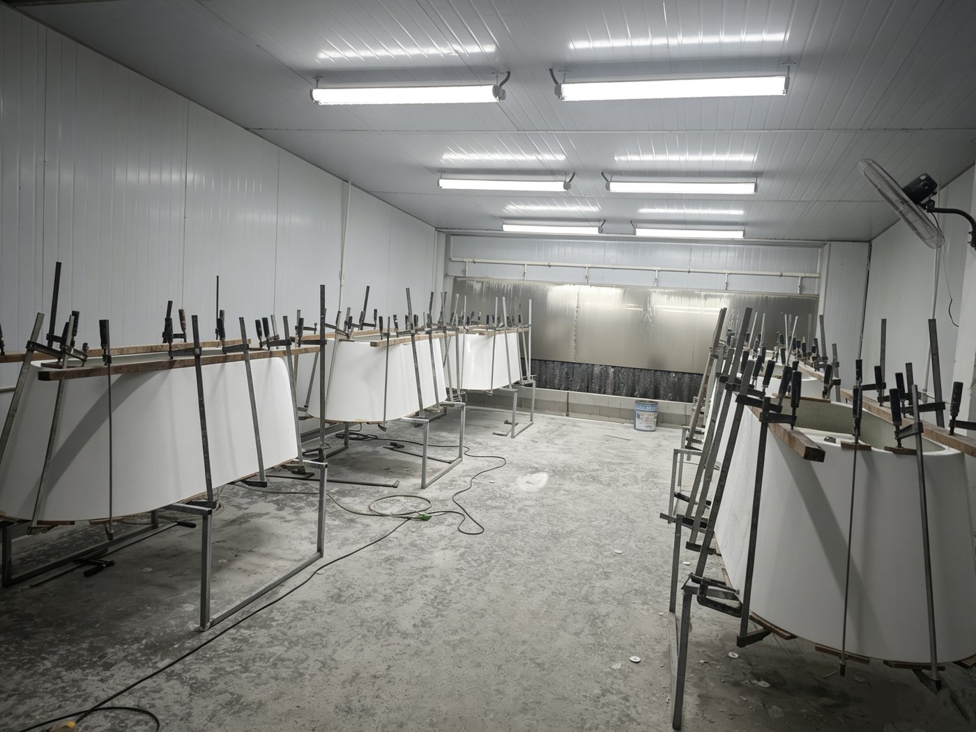 Acrylic bathtubs held in form-setting fixtures