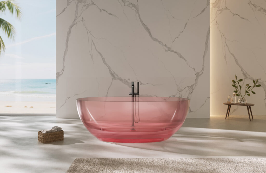 Pink transparent resin freestanding bathtub with glossy finish in a modern bathroom